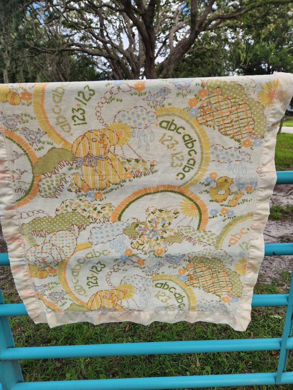 Vintage Baby Blanket ABC 123 Teddy Bear Ducklings Pastel Satin Trim